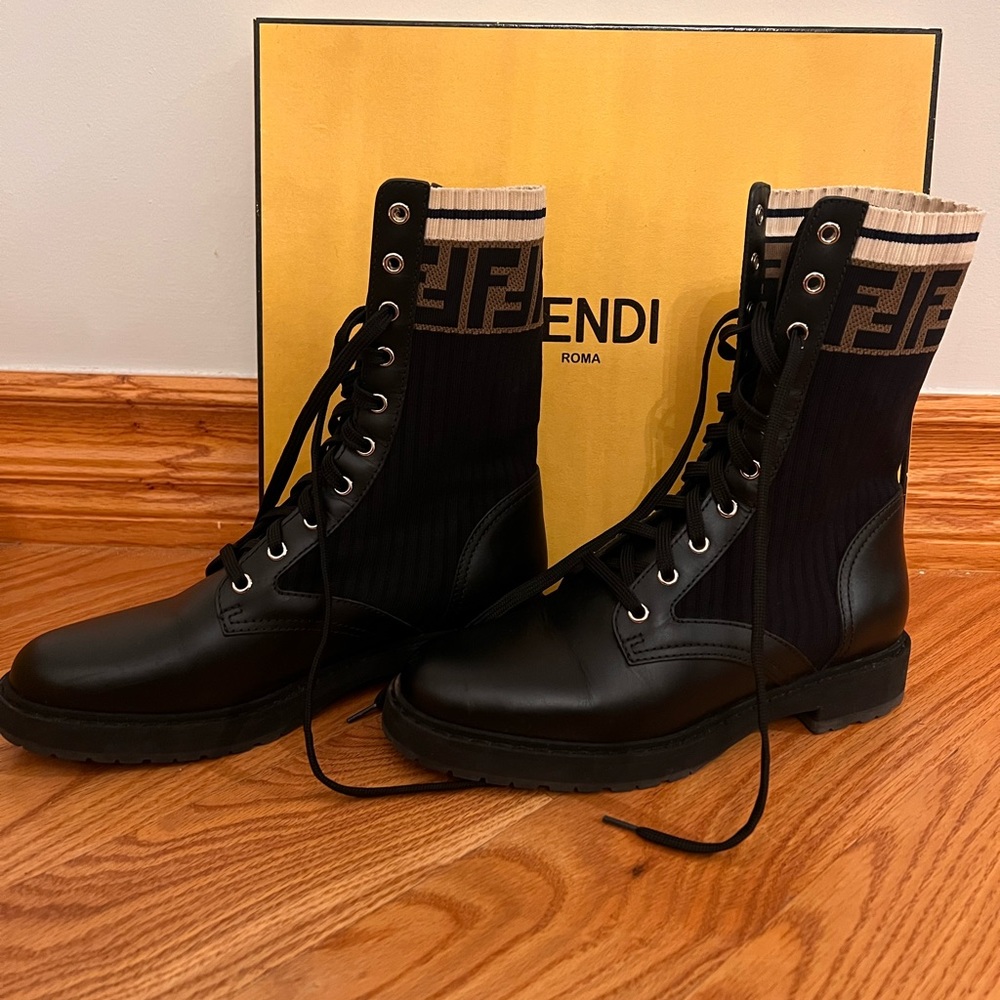 Fendi Knit Leather Combat Boots